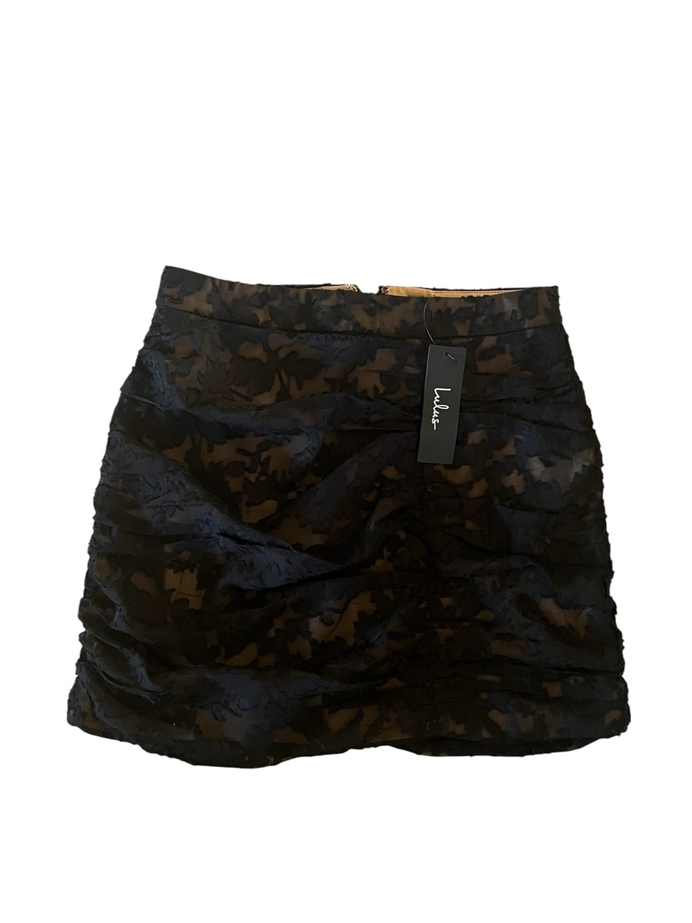 Lulus Black Burnout Floral Ruched Mini Skirt NWT Sheer Mesh Y2K Coquette S Fairy